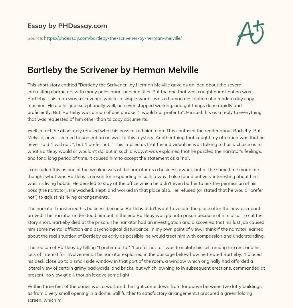 Bartleby the Scrivener by Herman Melville essay