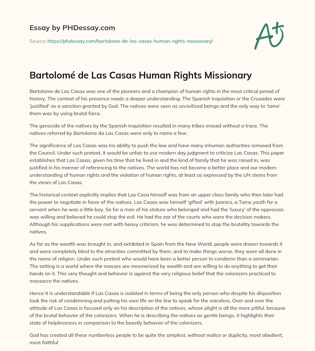 Bartolomé de Las Casas Human Rights Missionary essay