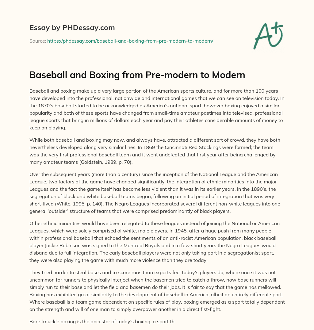 Baseball and Boxing from Pre-modern to Modern essay
