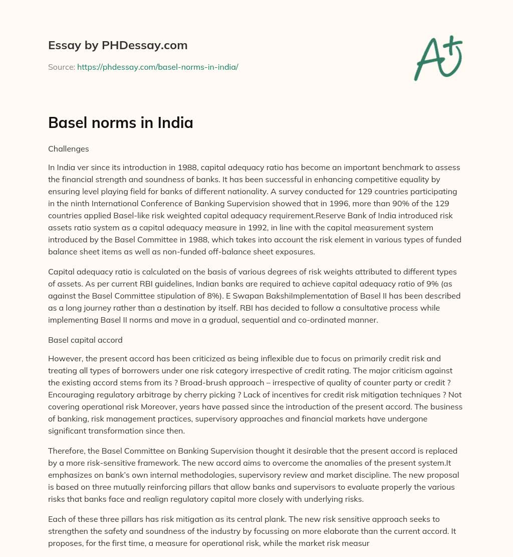 Capital Adequacy Ratio in Indian Banking System and its Evolution towards Basel II Implementation essay