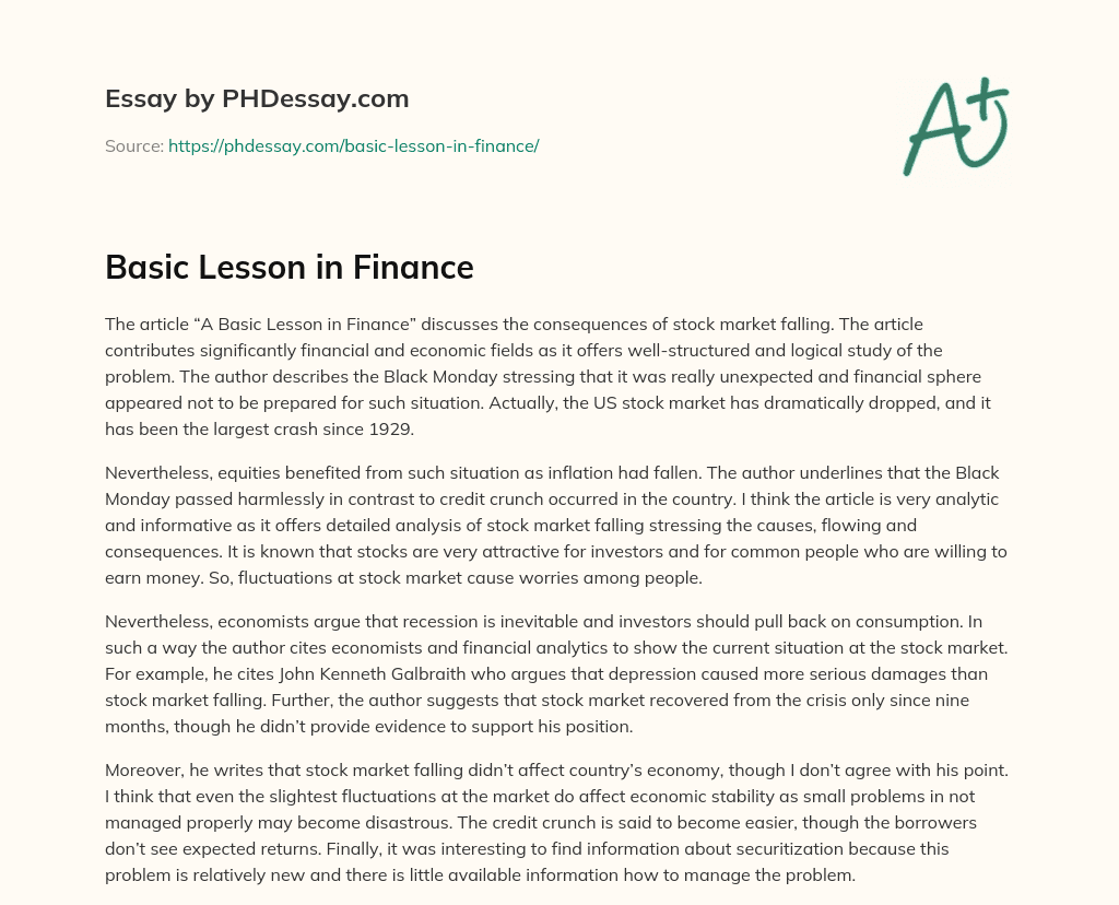 Basic Lesson in Finance essay