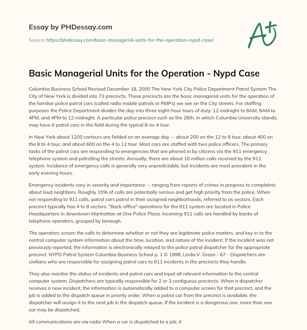 Basic Managerial Units for the Operation – Nypd Case essay