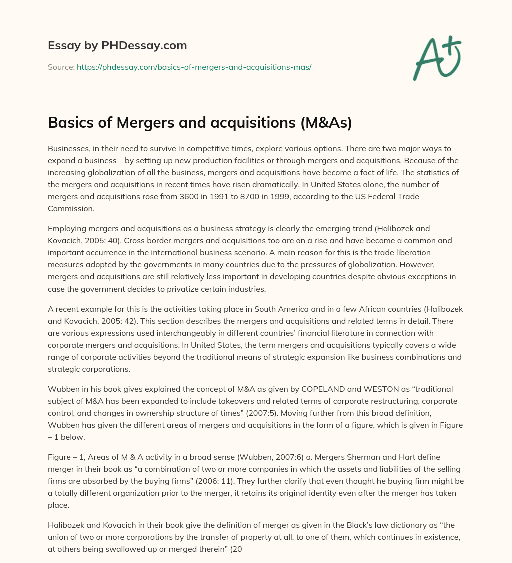 Basics of Mergers and acquisitions (M&As) essay