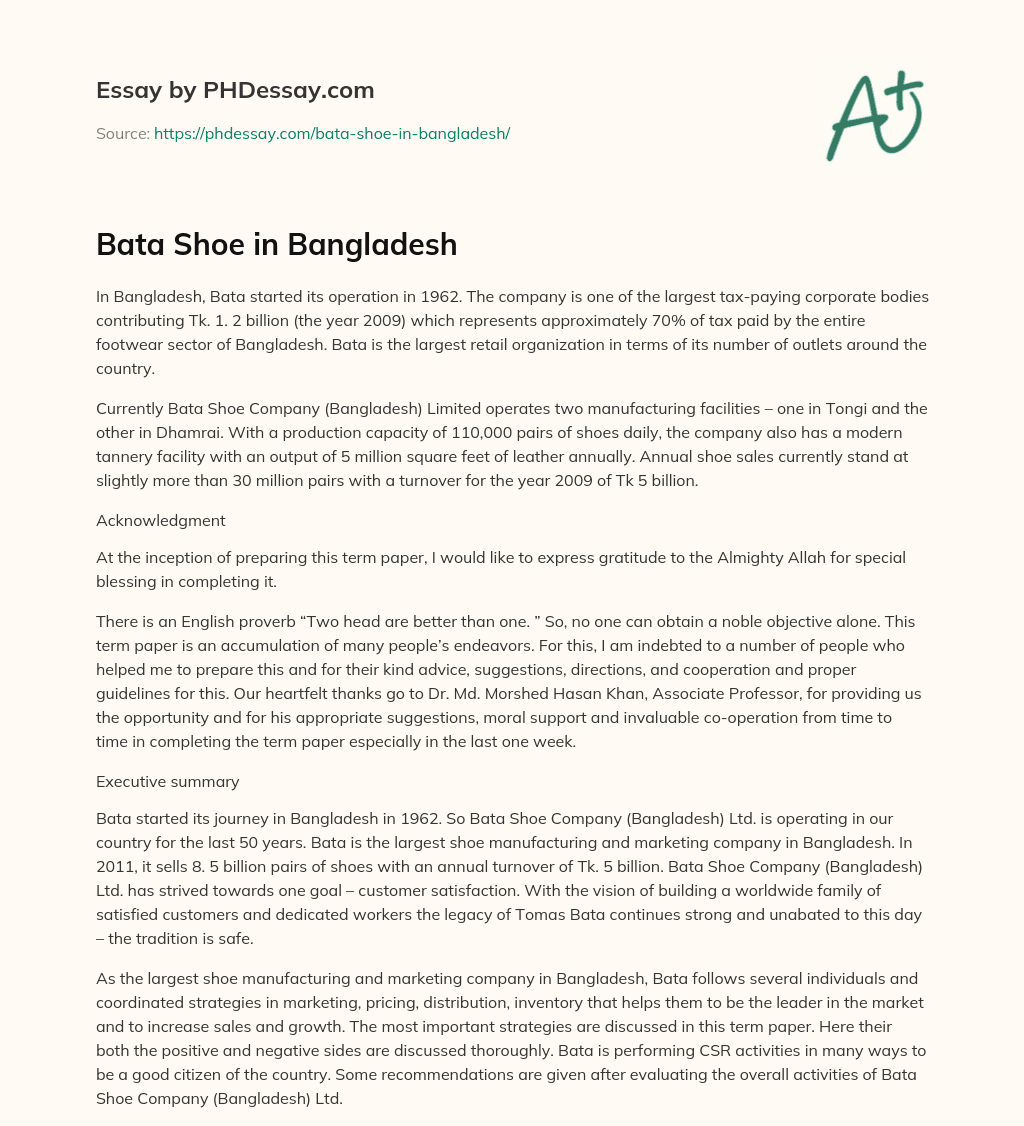 Bata Shoe in Bangladesh essay