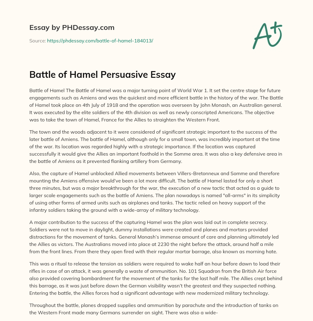 Battle of Hamel Persuasive Essay essay