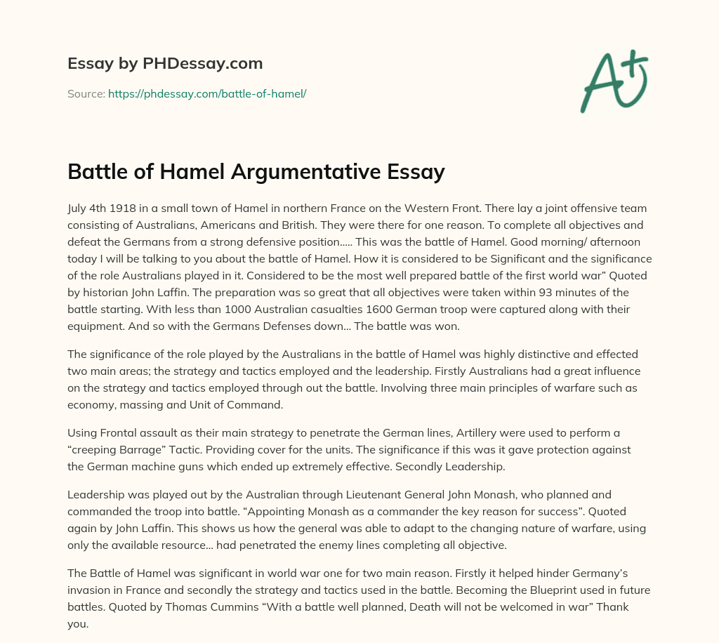 Battle of Hamel Argumentative Essay essay