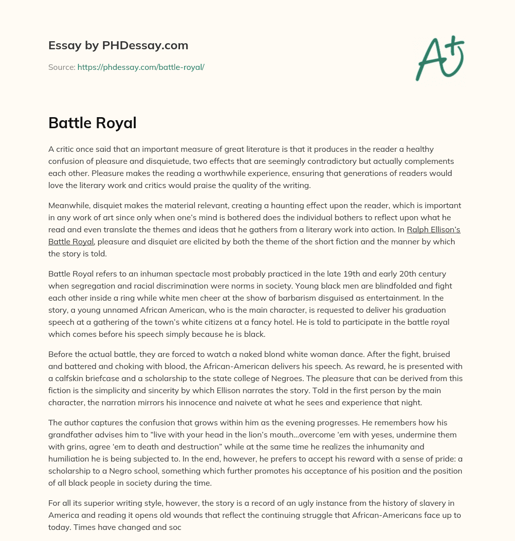 The Paradox of Pleasure and Disquiet in Great Literature: An Analysis of Ralph Ellison’s Battle Royal essay