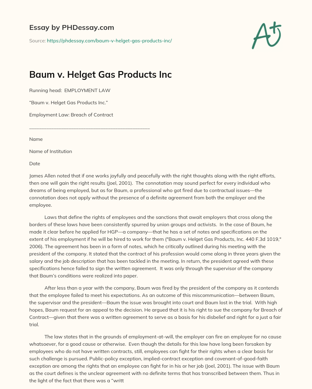 Baum v. Helget Gas Products Inc essay