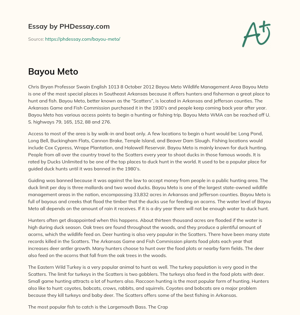Bayou Meto: A Premier Hunting and Fishing Destination in Southeast Arkansas essay