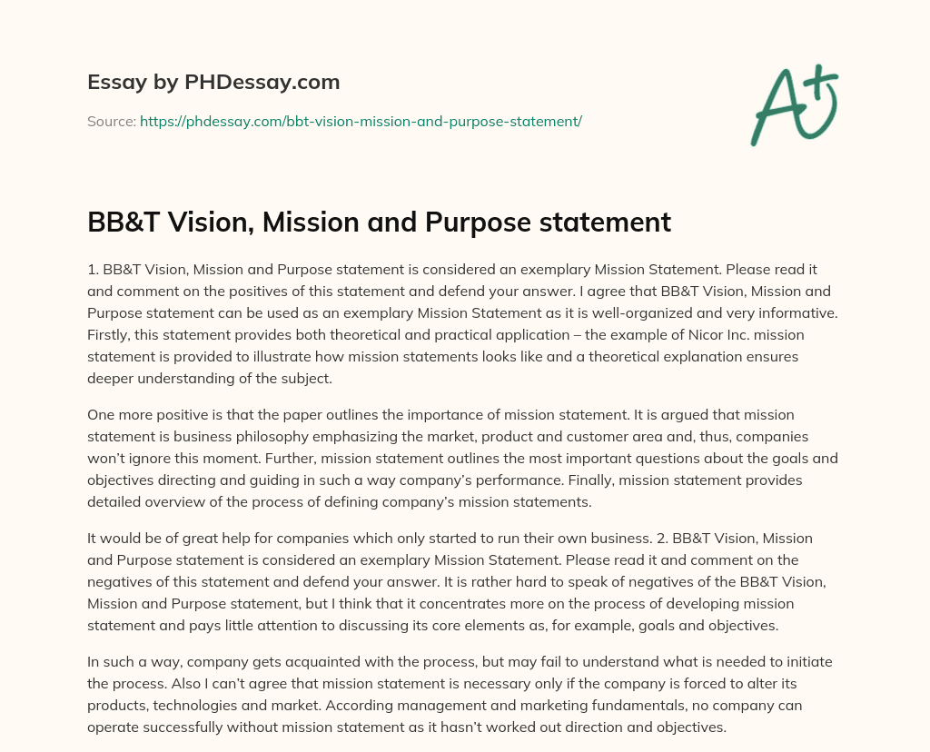 BB&T Vision, Mission and Purpose statement essay