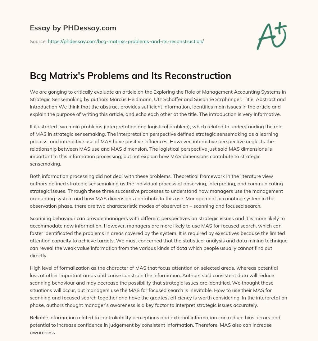 Bcg Matrix’s Problems and Its Reconstruction essay