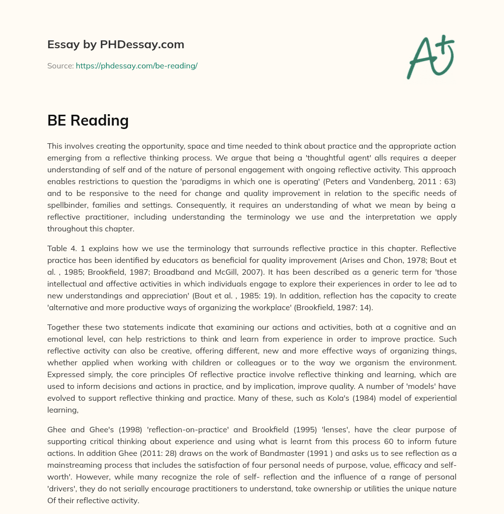 Reflective Practice: Understanding the Terminology and Importance of Being a ‘Thoughtful Agent’ essay