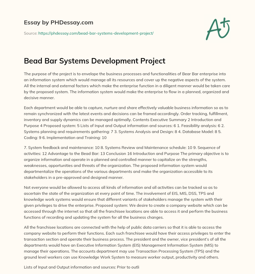 Bead Bar Systems Development Project essay