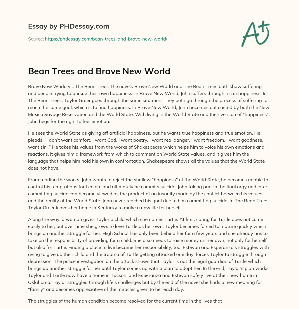 Bean Trees and Brave New World essay