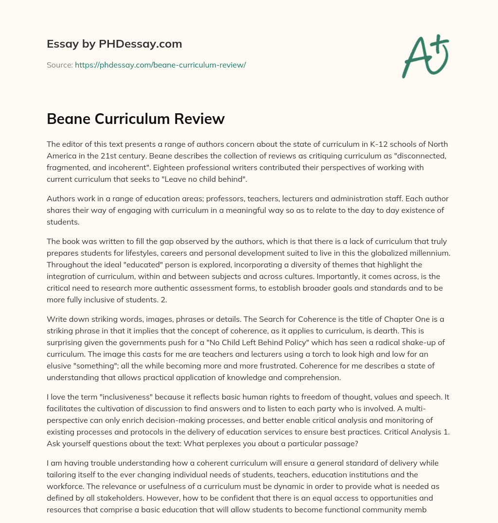 Beane Curriculum Review essay