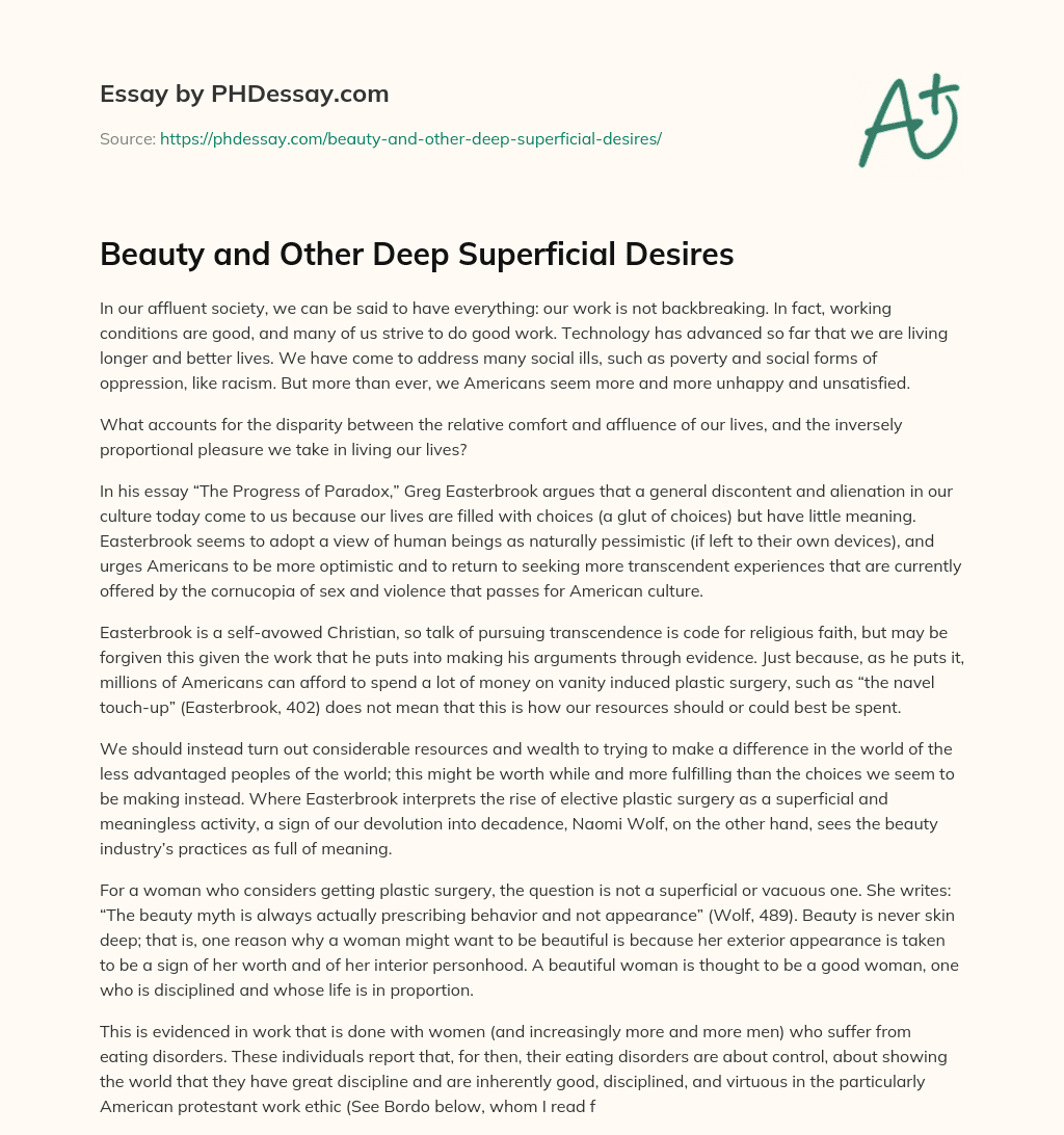 Beauty And Other Deep Superficial Desires Definition Essay Example