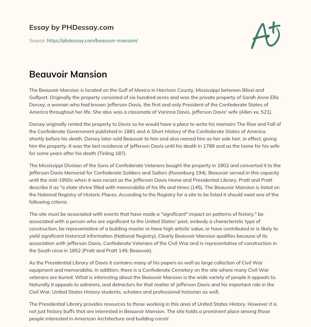 Beauvoir Mansion essay