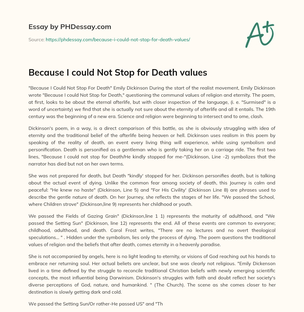 Because I could Not Stop for Death values essay