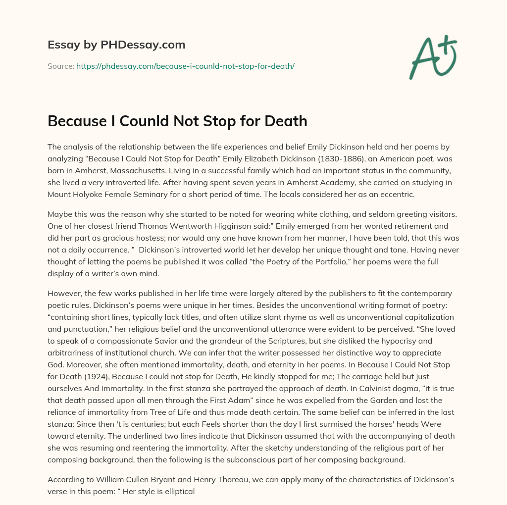 Because I Counld Not Stop for Death essay