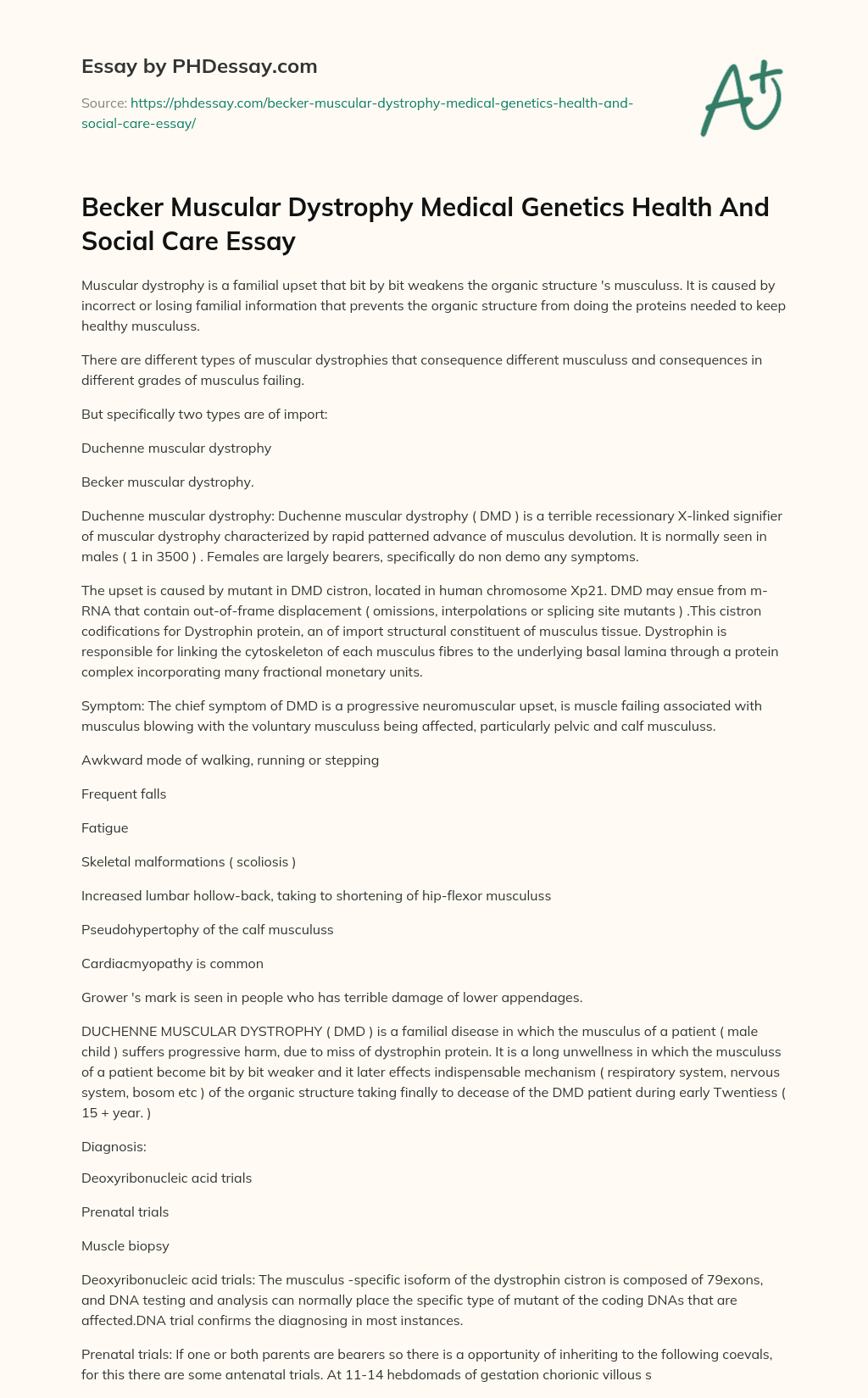 Becker Muscular Dystrophy Medical Genetics Health And Social Care Essay essay