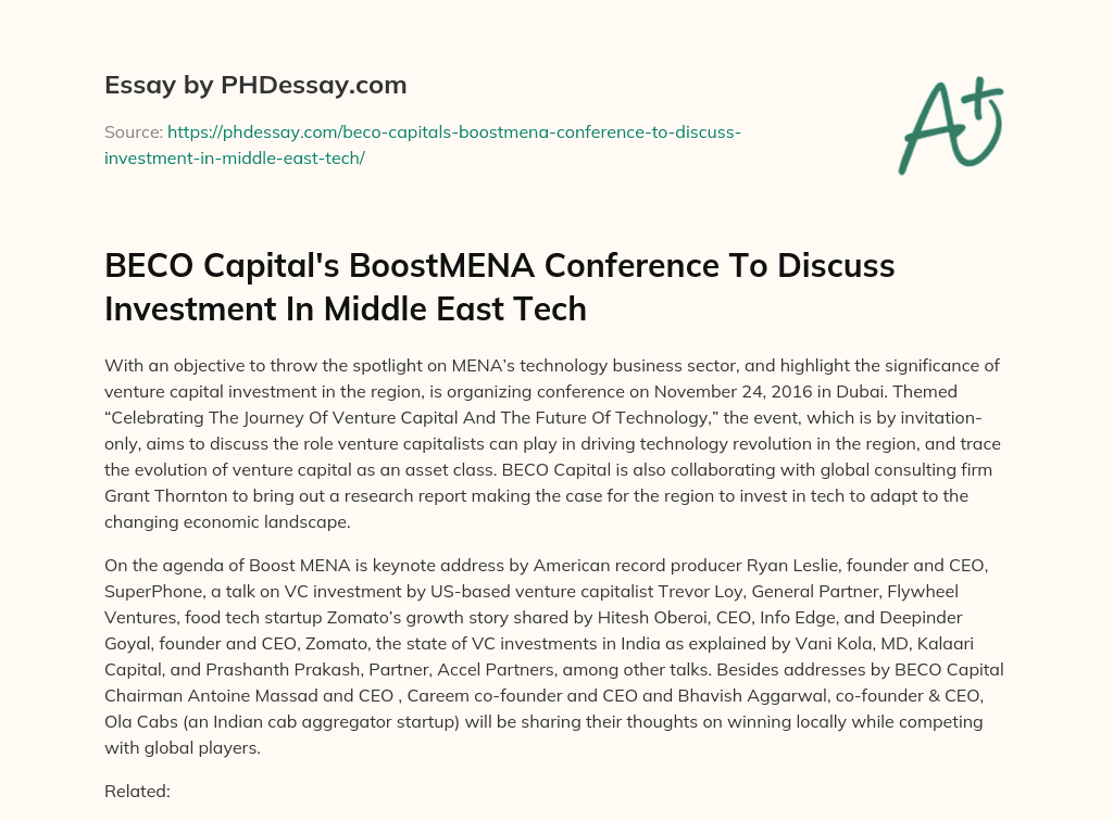 BECO Capital’s BoostMENA Conference To Discuss Investment In Middle East Tech essay