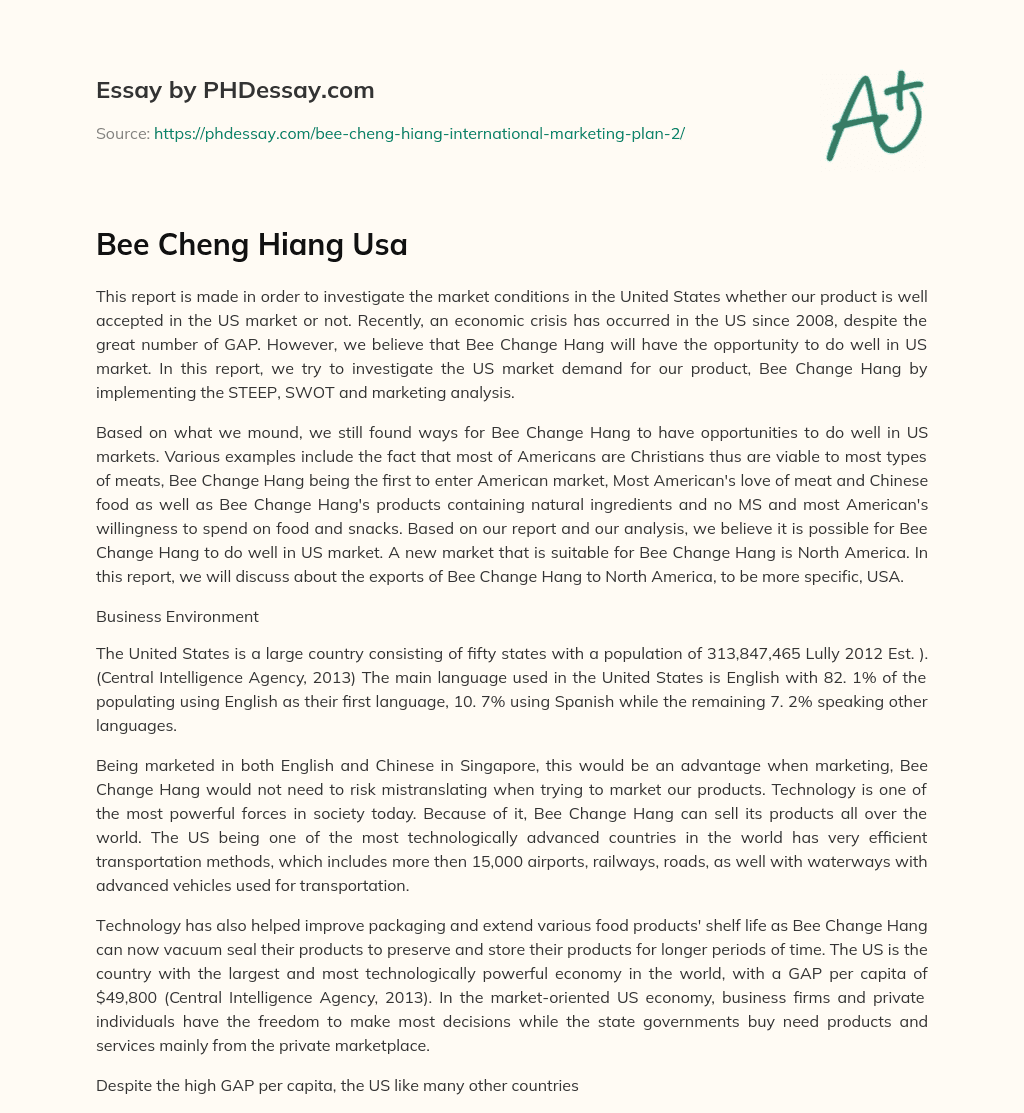 Bee Cheng Hiang Usa essay