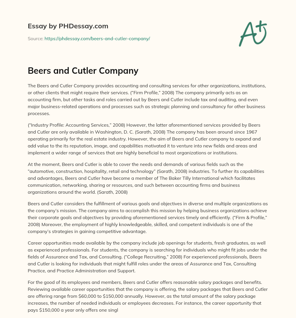 Beers and Cutler Company essay
