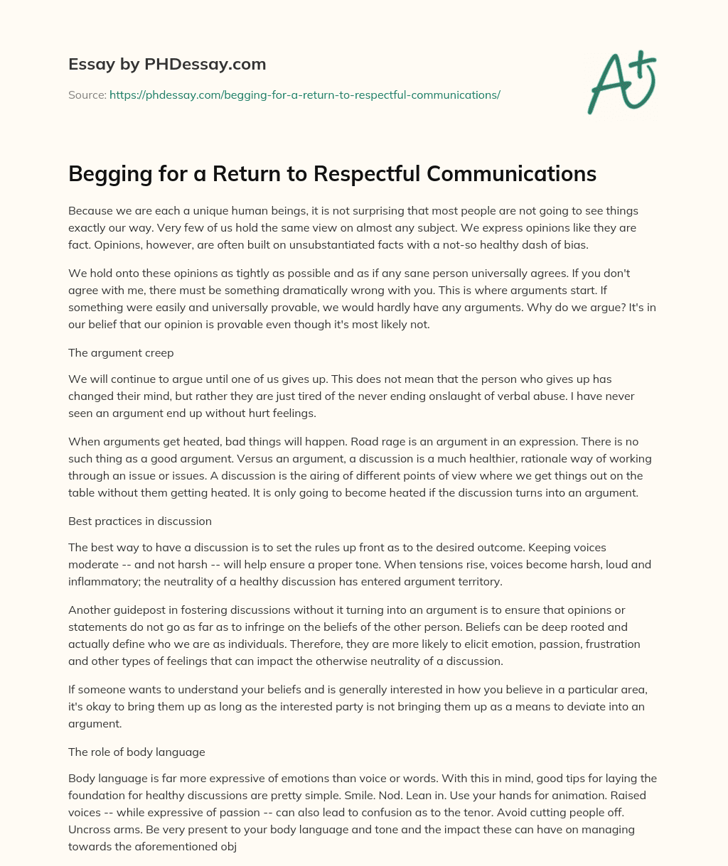 Begging for a Return to Respectful Communications essay