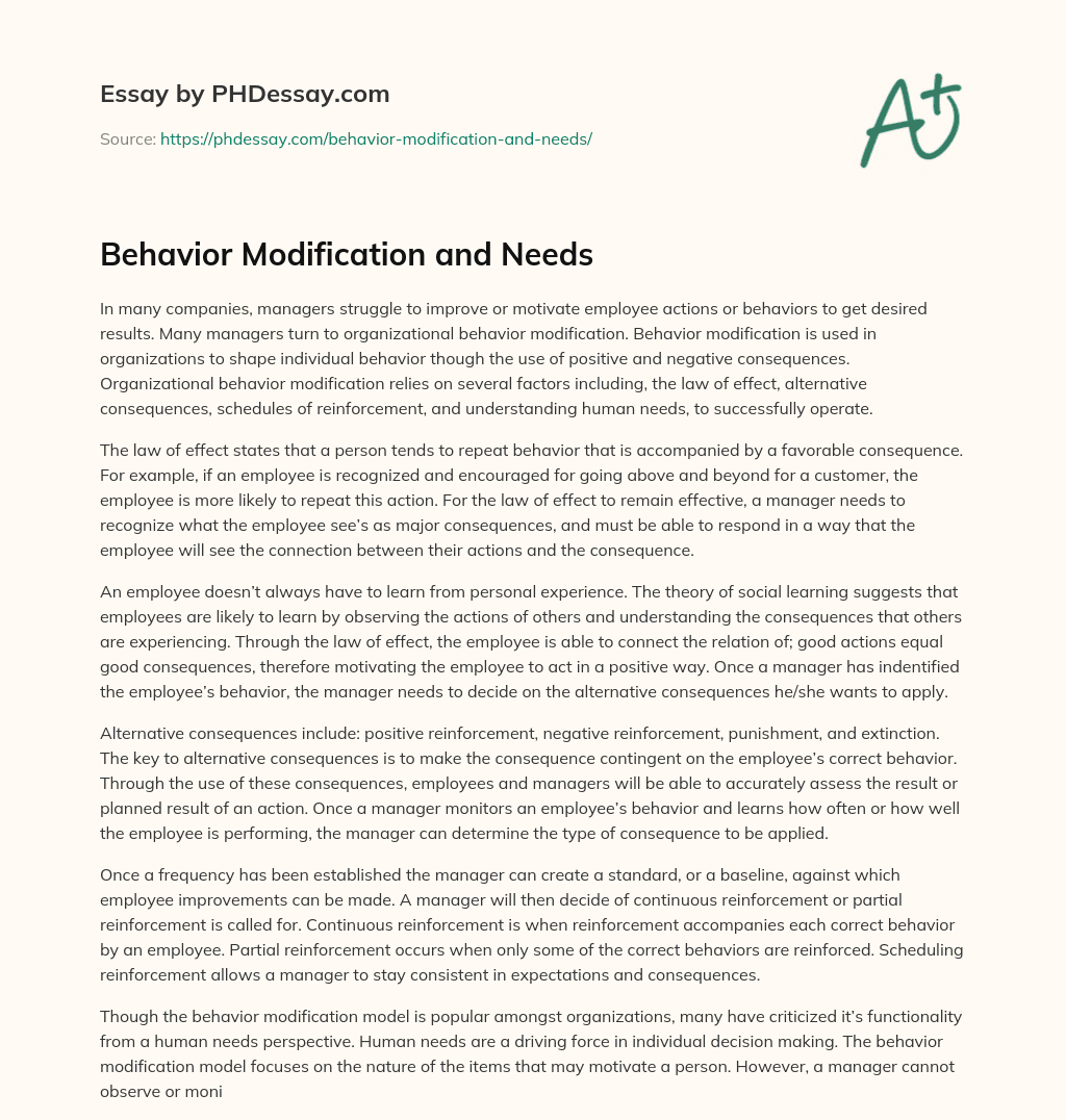 Behavior Modification and Needs essay