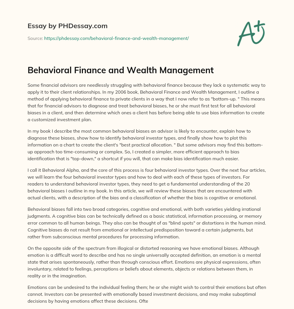 Behavioral Finance and Wealth Management essay