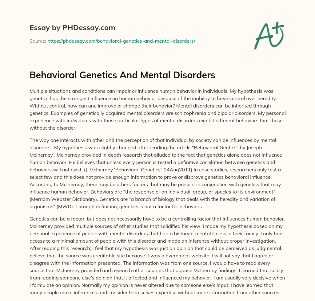 Behavioral And Mental Disorders (400 Words)