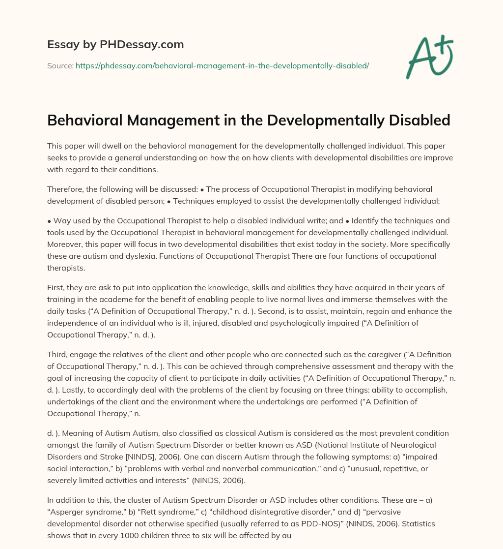 Behavioral Management in the Developmentally Disabled essay