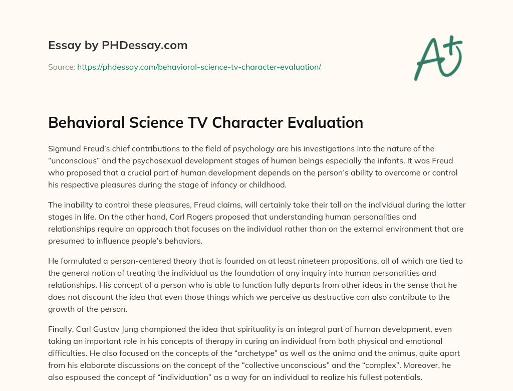 Behavioral Science TV Character Evaluation essay