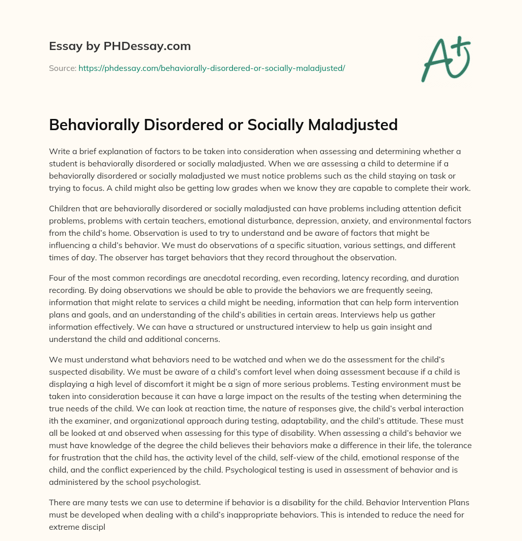 Behaviorally Disordered or Socially Maladjusted essay
