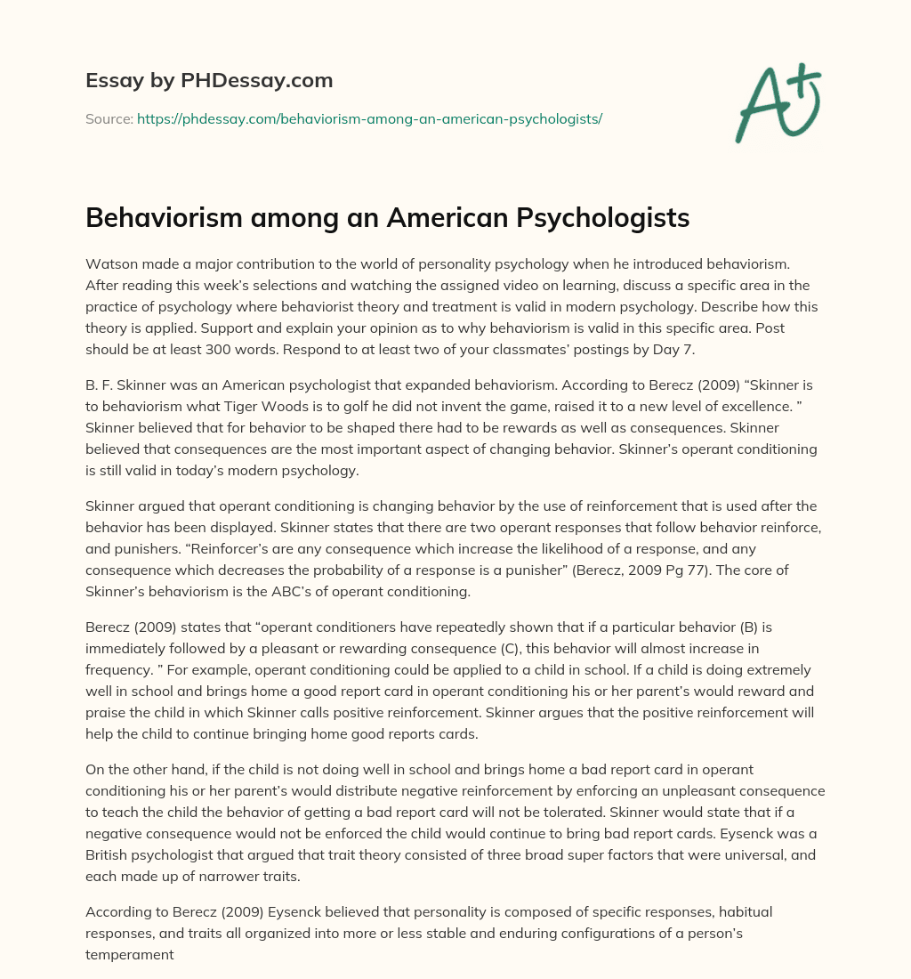Behaviorism among an American Psychologists essay