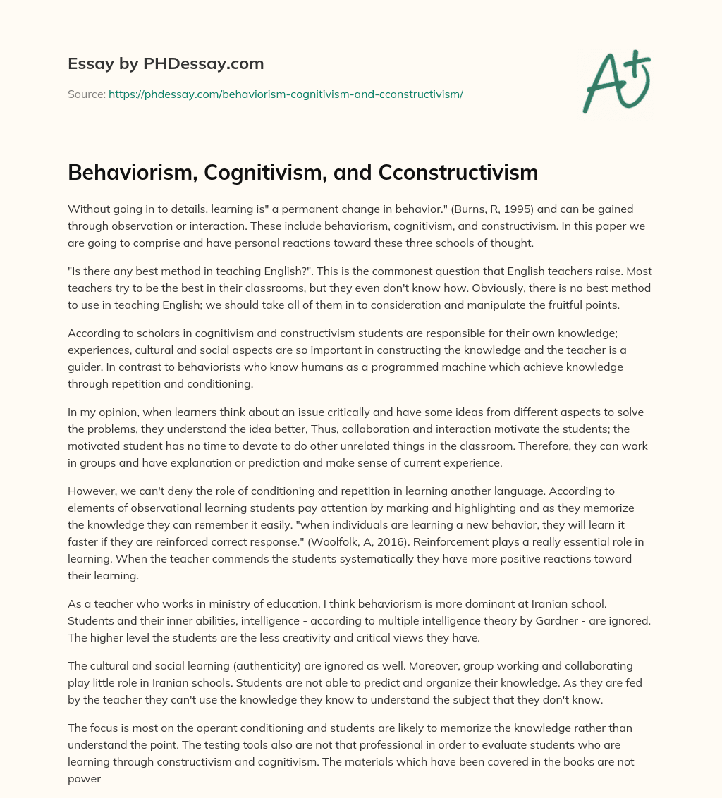 Behaviorism, Cognitivism, and Cconstructivism essay