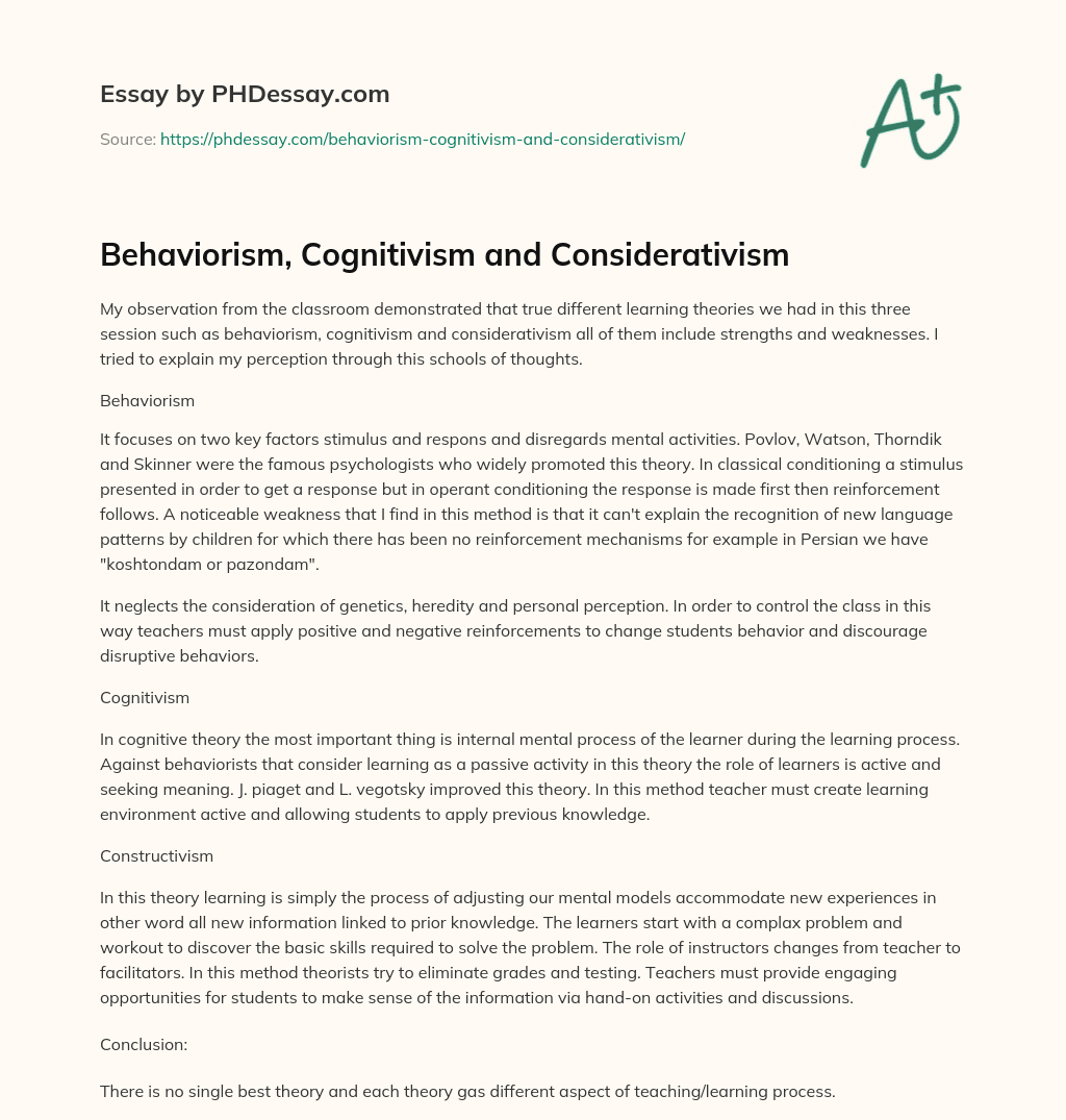 Behaviorism, Cognitivism and Considerativism essay
