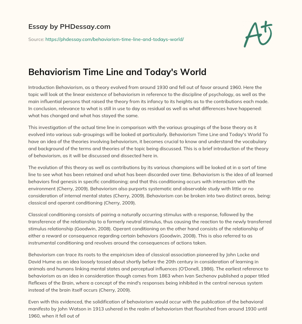 Behaviorism Time Line and Today’s World essay