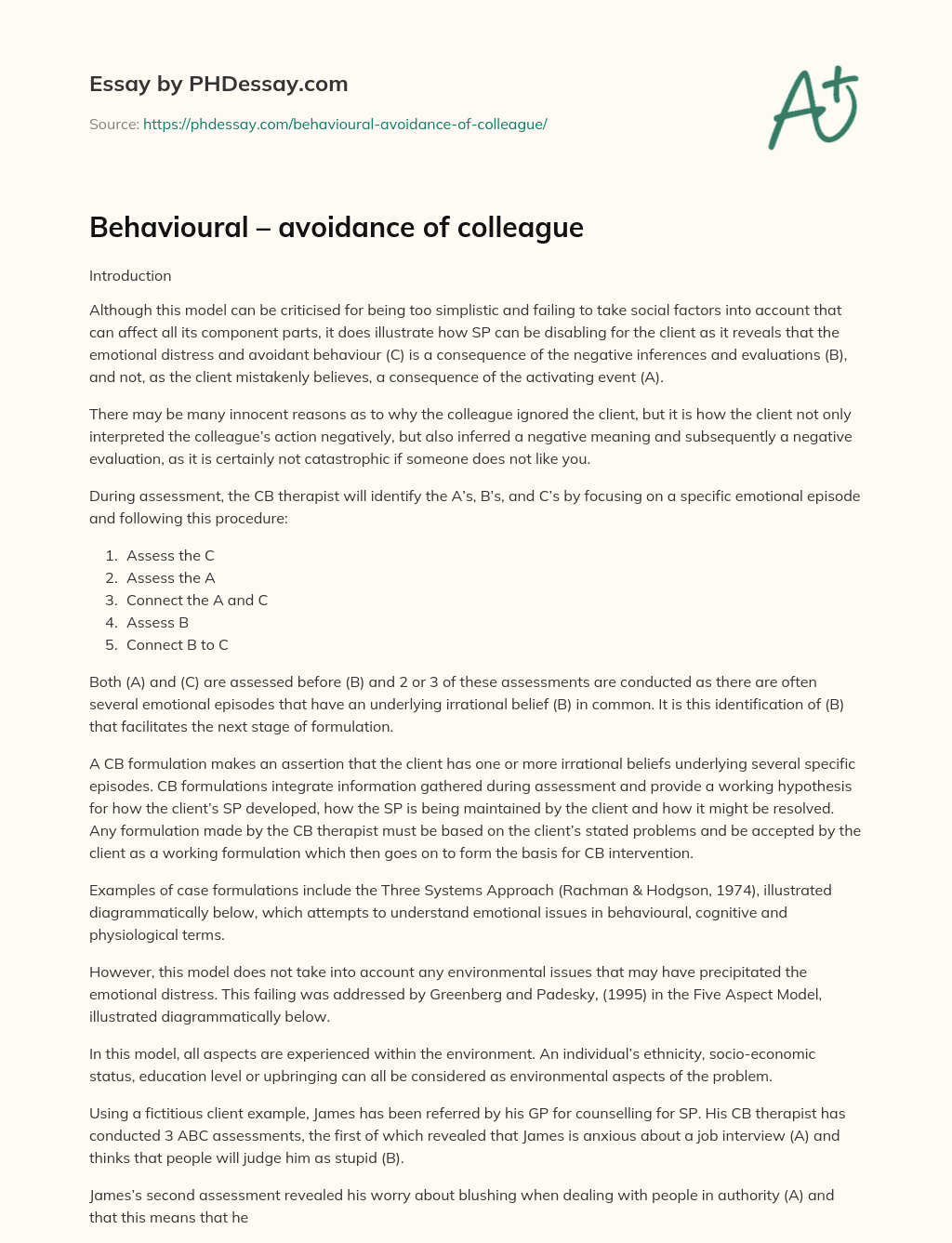 Behavioural – avoidance of colleague essay