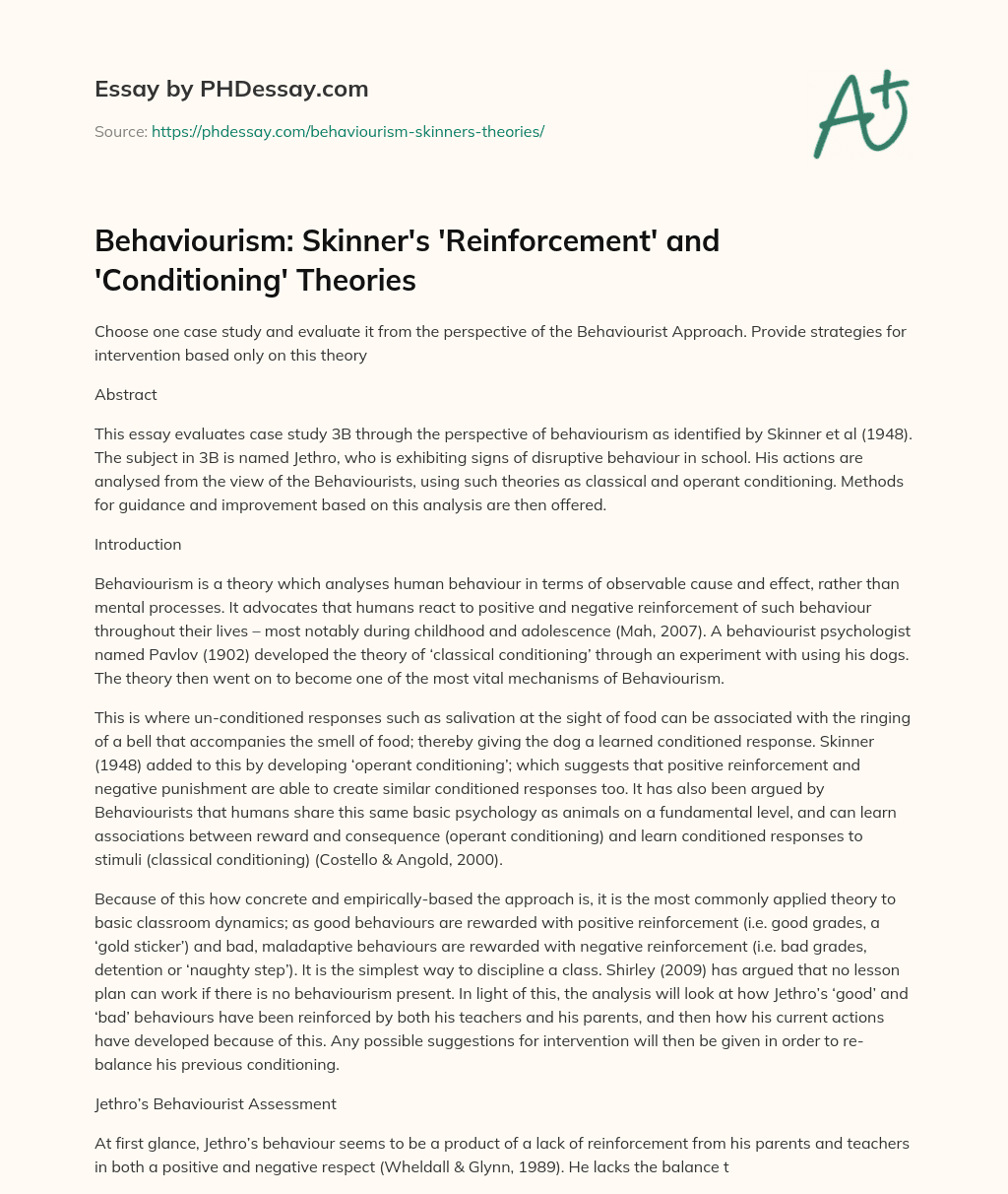 Behaviourism: Skinner’s ‘Reinforcement’ and ‘Conditioning’ Theories essay
