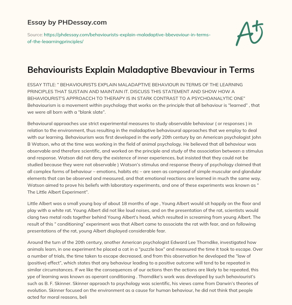 Behaviourists Explain Maladaptive Bbevaviour in Terms essay