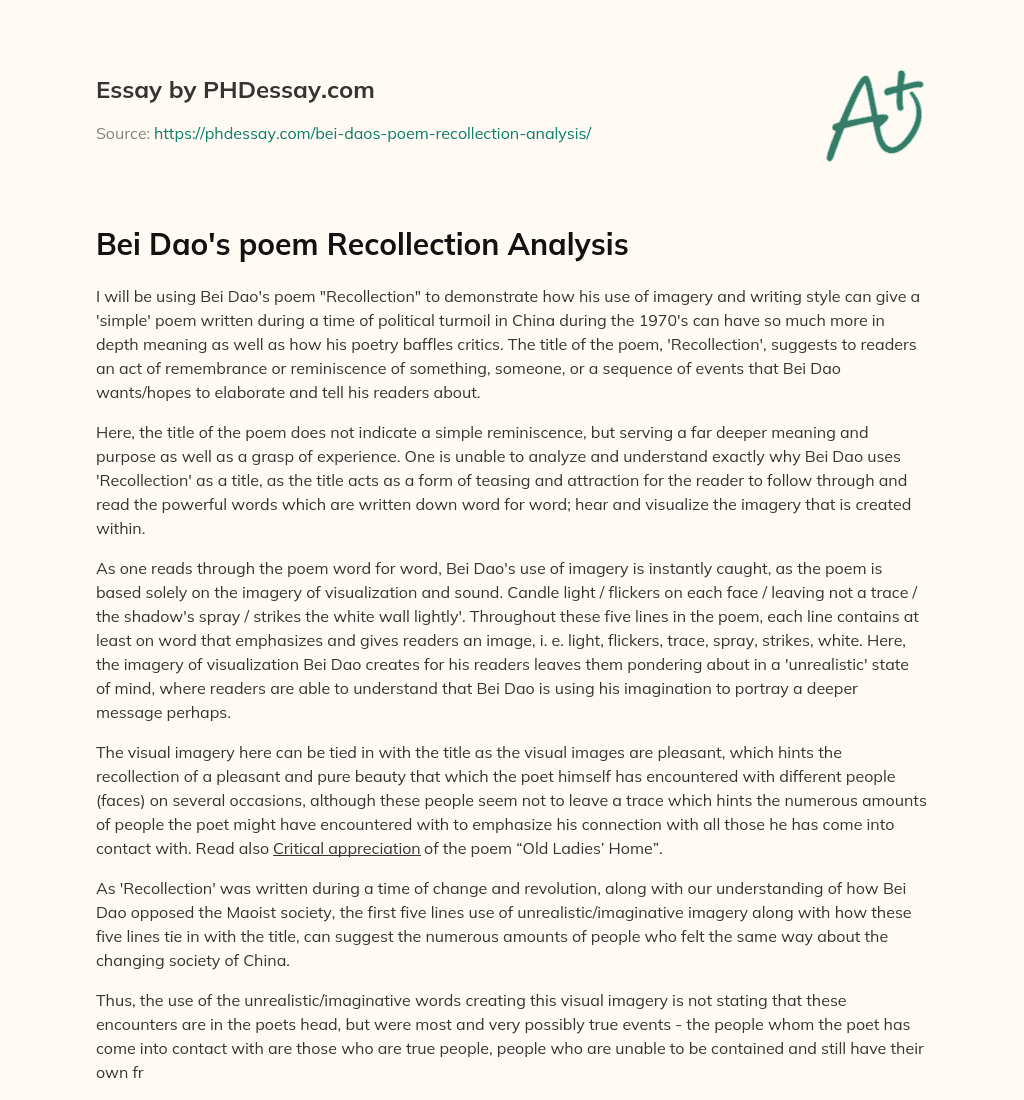 Bei Dao’s poem Recollection Analysis essay