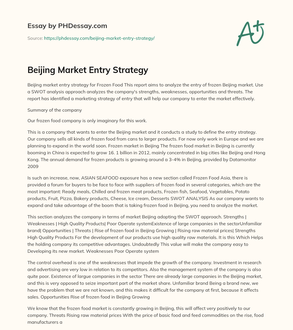 Beijing Market Entry Strategy essay