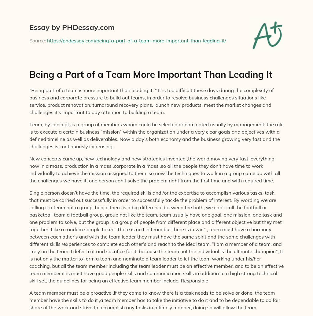 Being a Part of a Team More Important Than Leading It essay