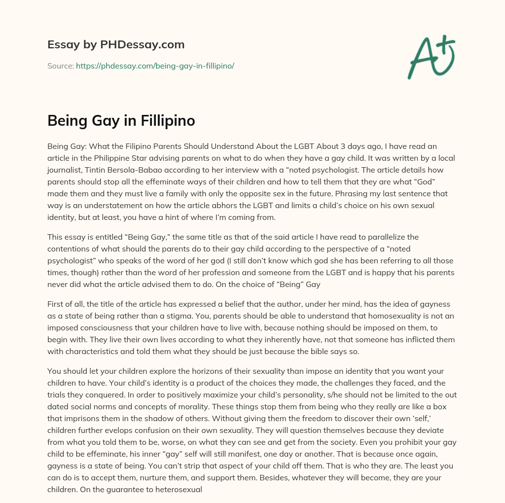 Being Gay in Fillipino essay