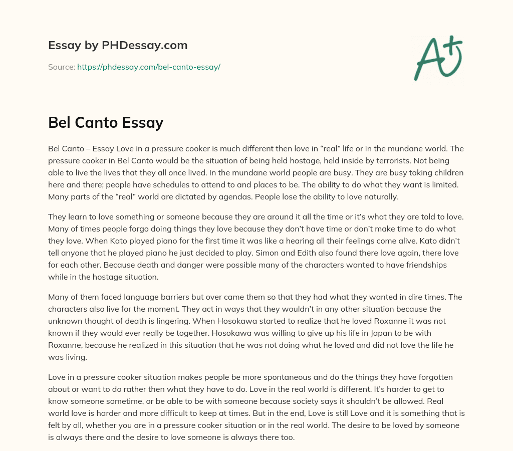 Bel Canto: Love in a Pressure Cooker essay