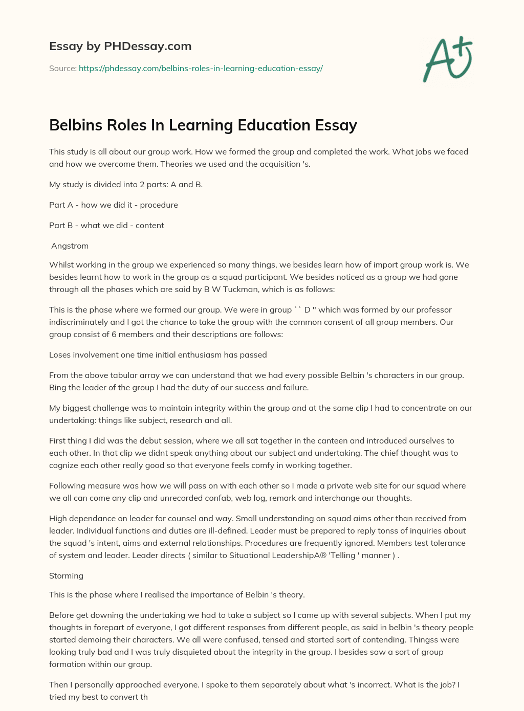 Belbins Roles In Learning Education Essay essay