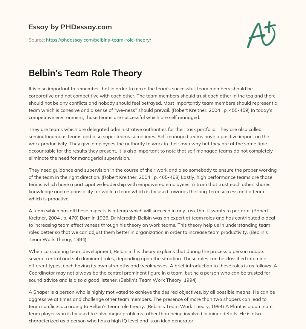Belbin’s Team Role Theory essay