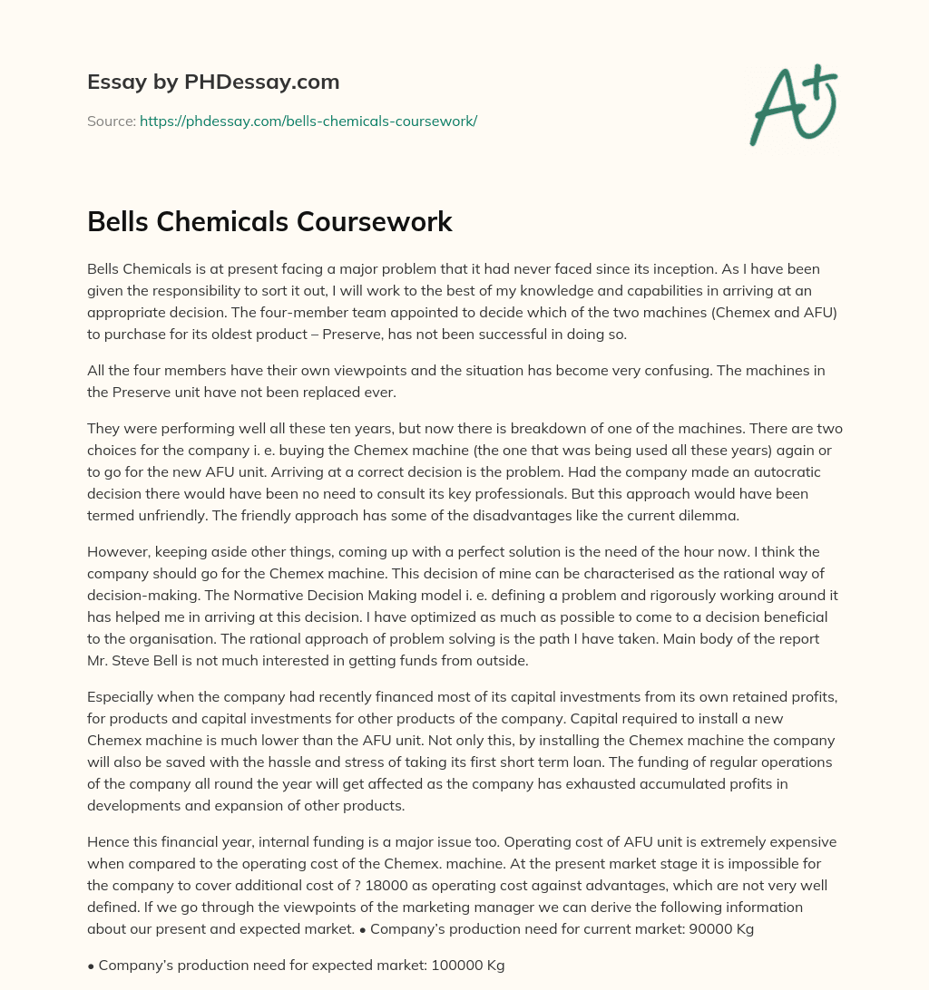 Bells Chemicals Coursework essay