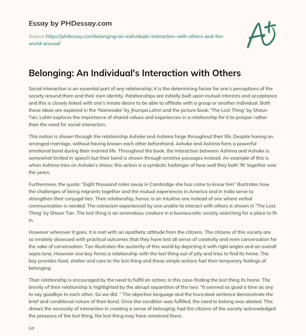 Belonging: An Individual’s Interaction with Others essay